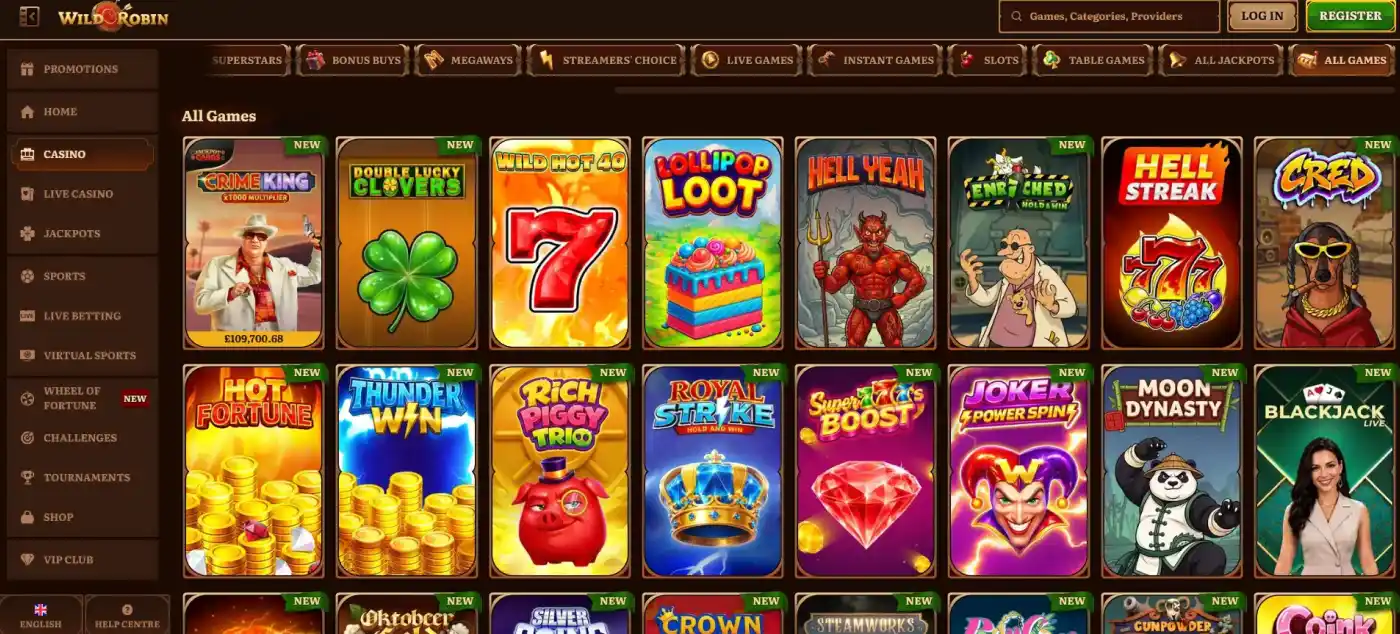 WildRobin all-games lobby with casino category navigation visible