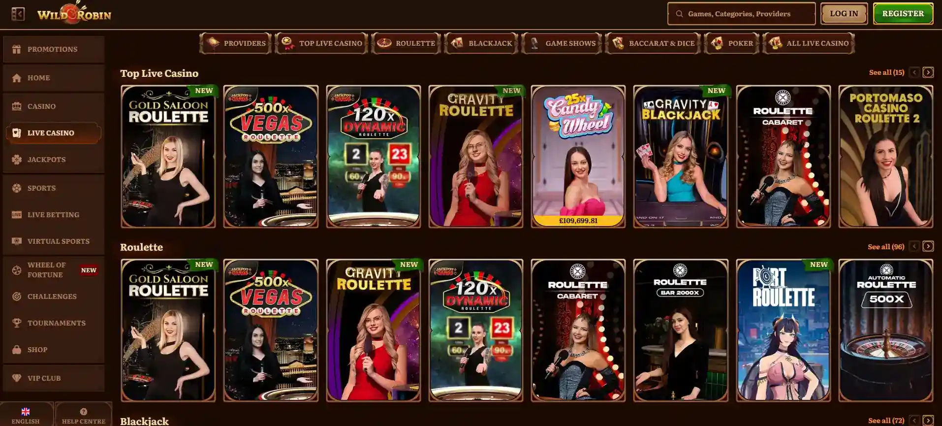 WildRobin live casino lobby showing live table categories