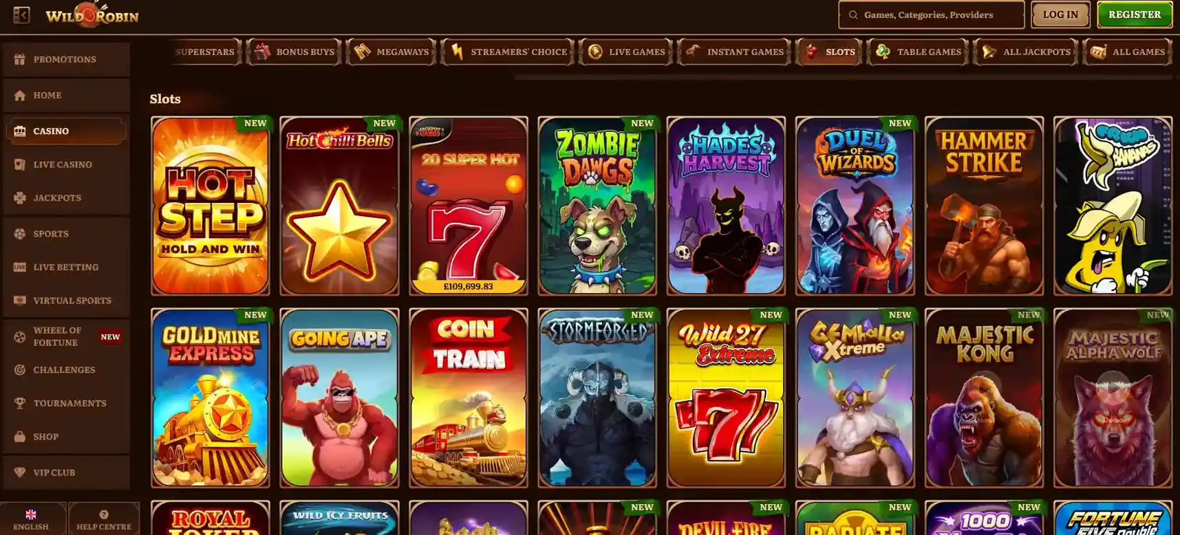 WildRobin slots section in the casino lobby